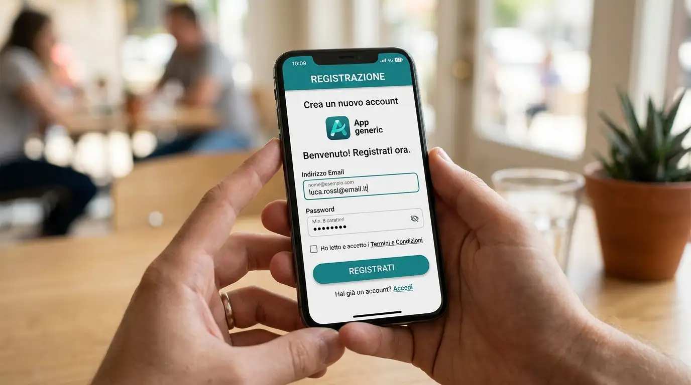 Schermata di smartphone con flusso di registrazione di un account wallet, campi email e password visibili