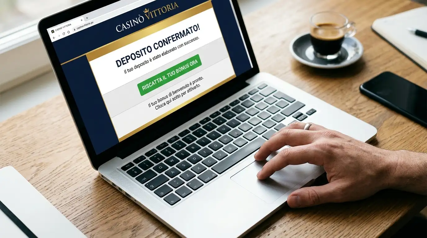 Mano che digita su un laptop sulla pagina di un casinò online subito dopo il completamento di un deposito