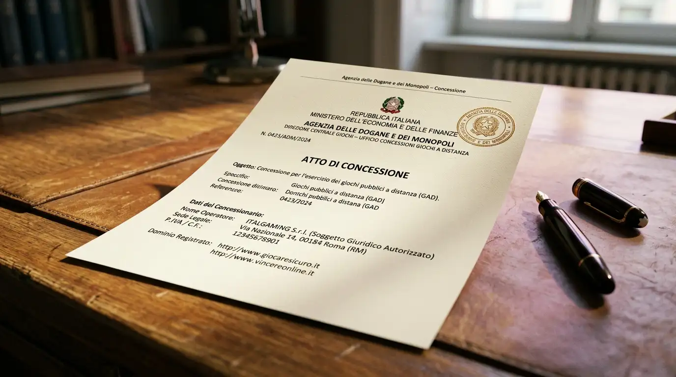 Documento ufficiale di concessione di gioco rilasciato dall'autorità italiana