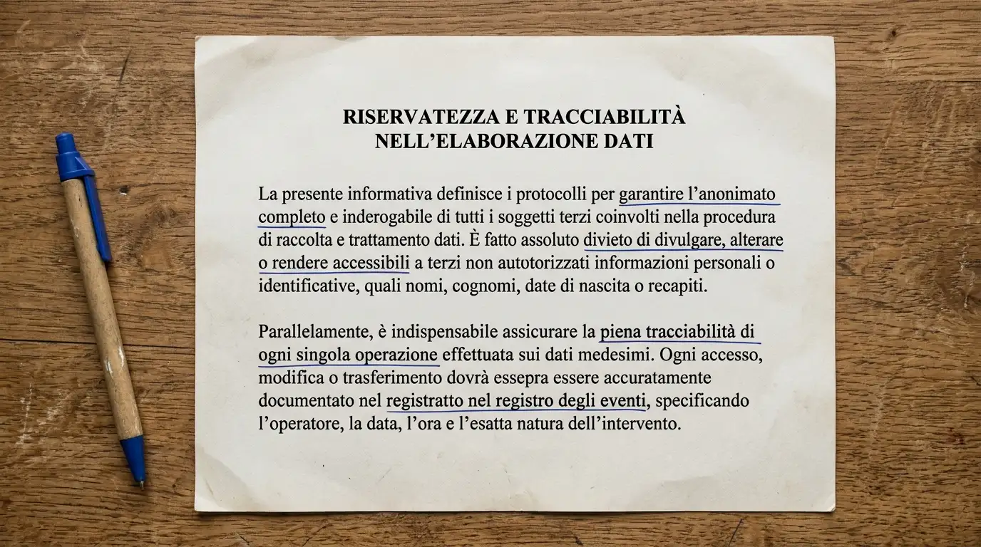 Documento stampato con due paragrafi su anonimato e tracciabilità annotati a penna