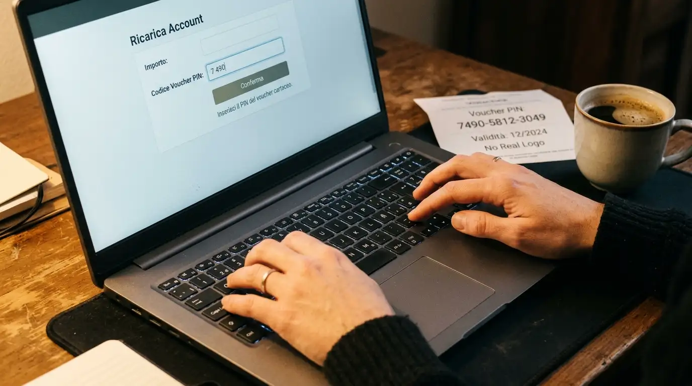 Mani che inseriscono un voucher prepagato in un computer senza lasciare dati anagrafici