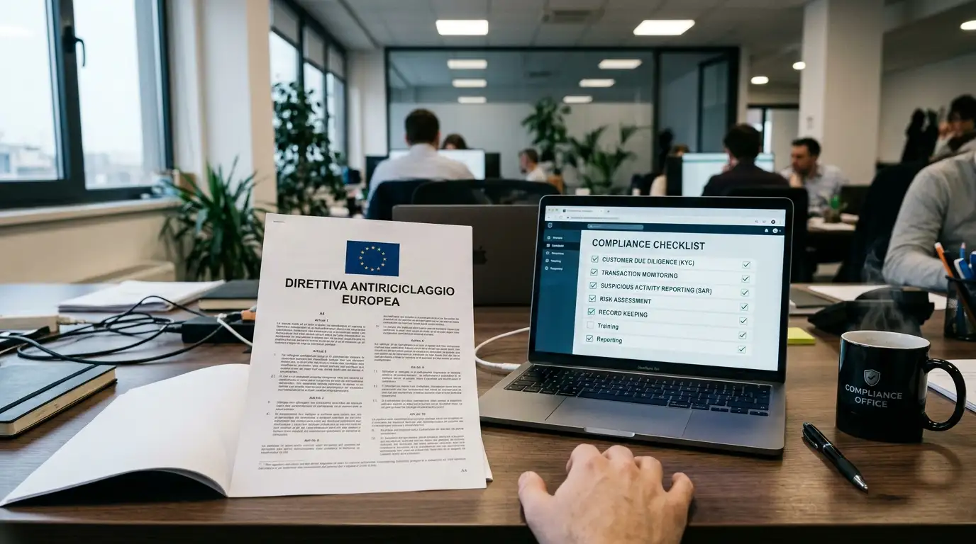 Scrivania con normative antiriciclaggio europee e checklist di conformità AML