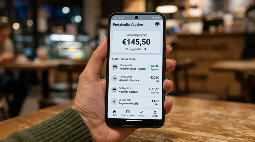 Smartphone in mano che mostra una schermata di wallet digitale per voucher prepagato con saldo e cronologia