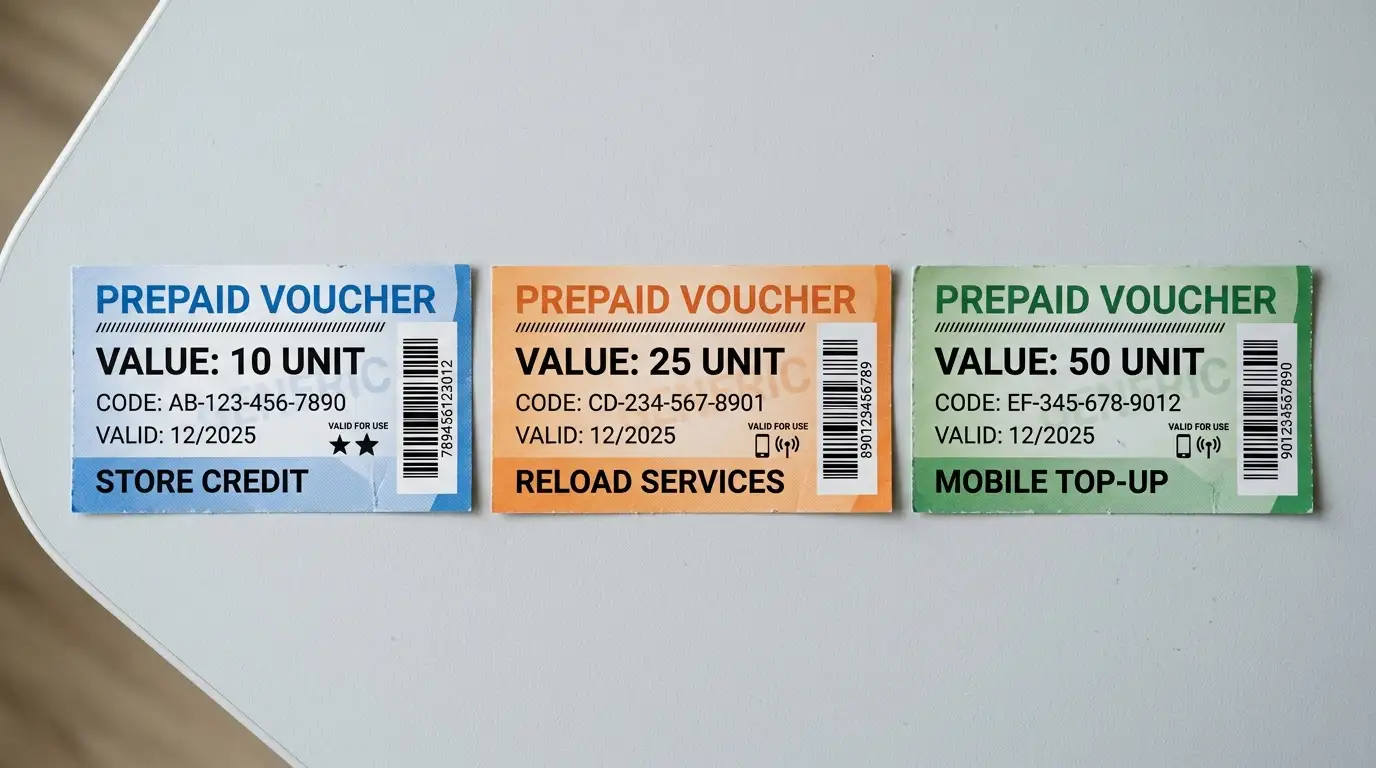 Tre piccoli voucher prepagati di tagli differenti disposti in fila su un tavolo per scelta del giocatore