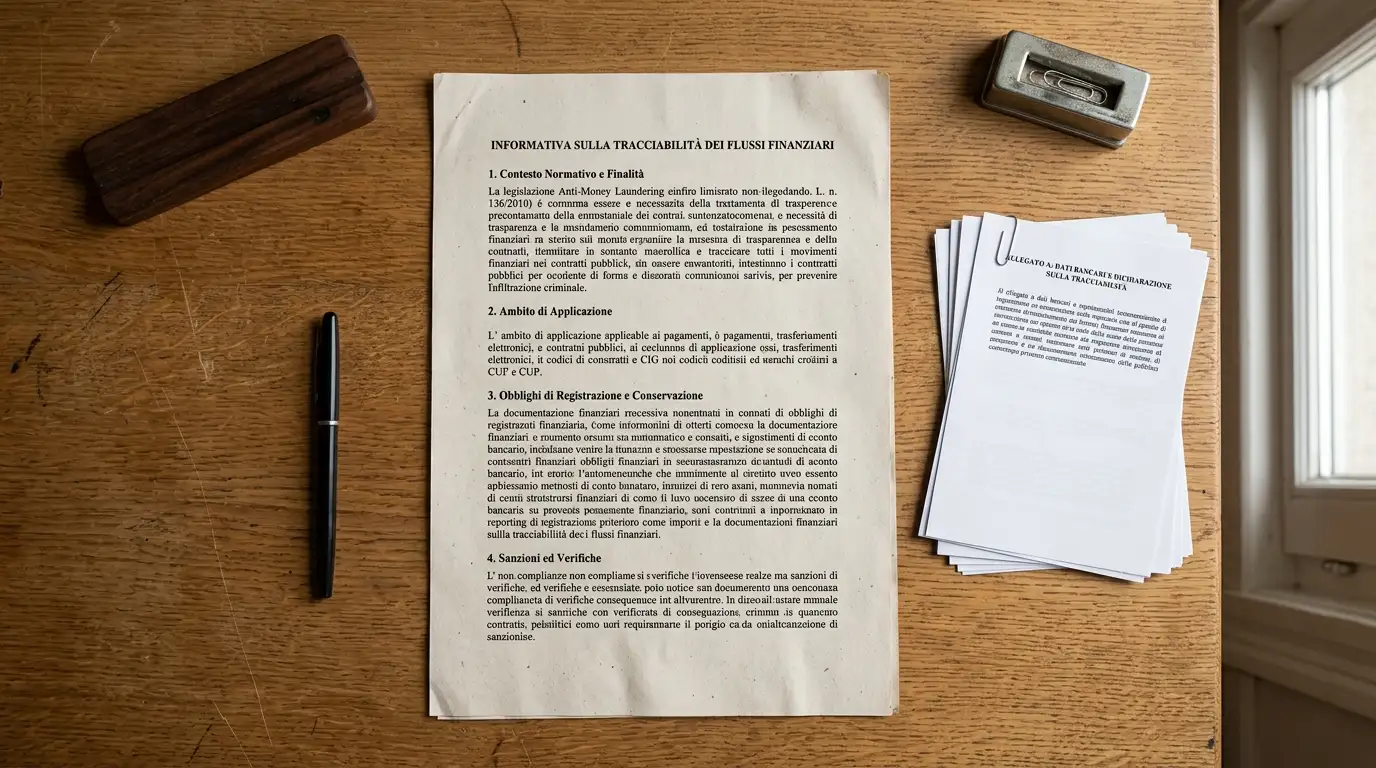 Documento stampato con sezioni sulla tracciabilità bancaria su scrivania con stampe organizzate