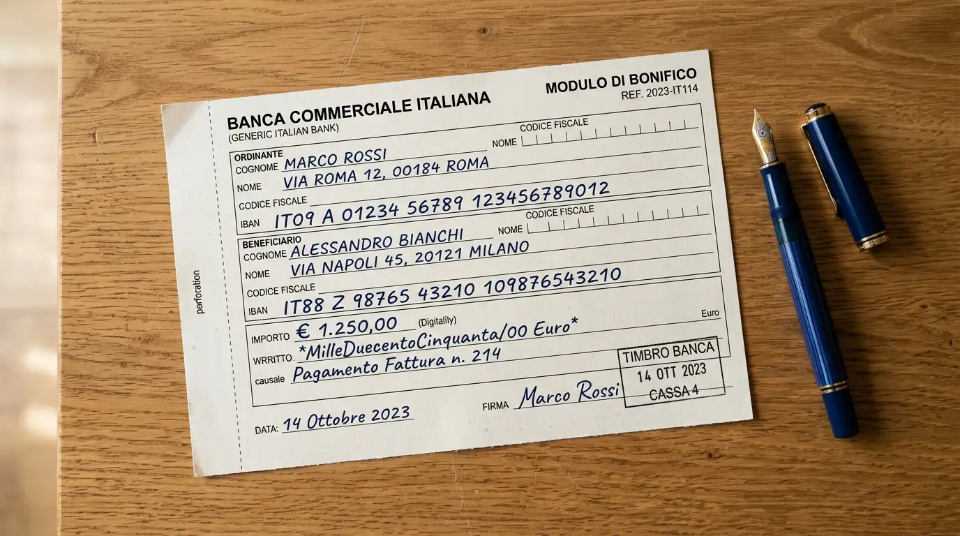 Modulo cartaceo di un bonifico bancario stampato su scrivania accanto a una penna stilografica