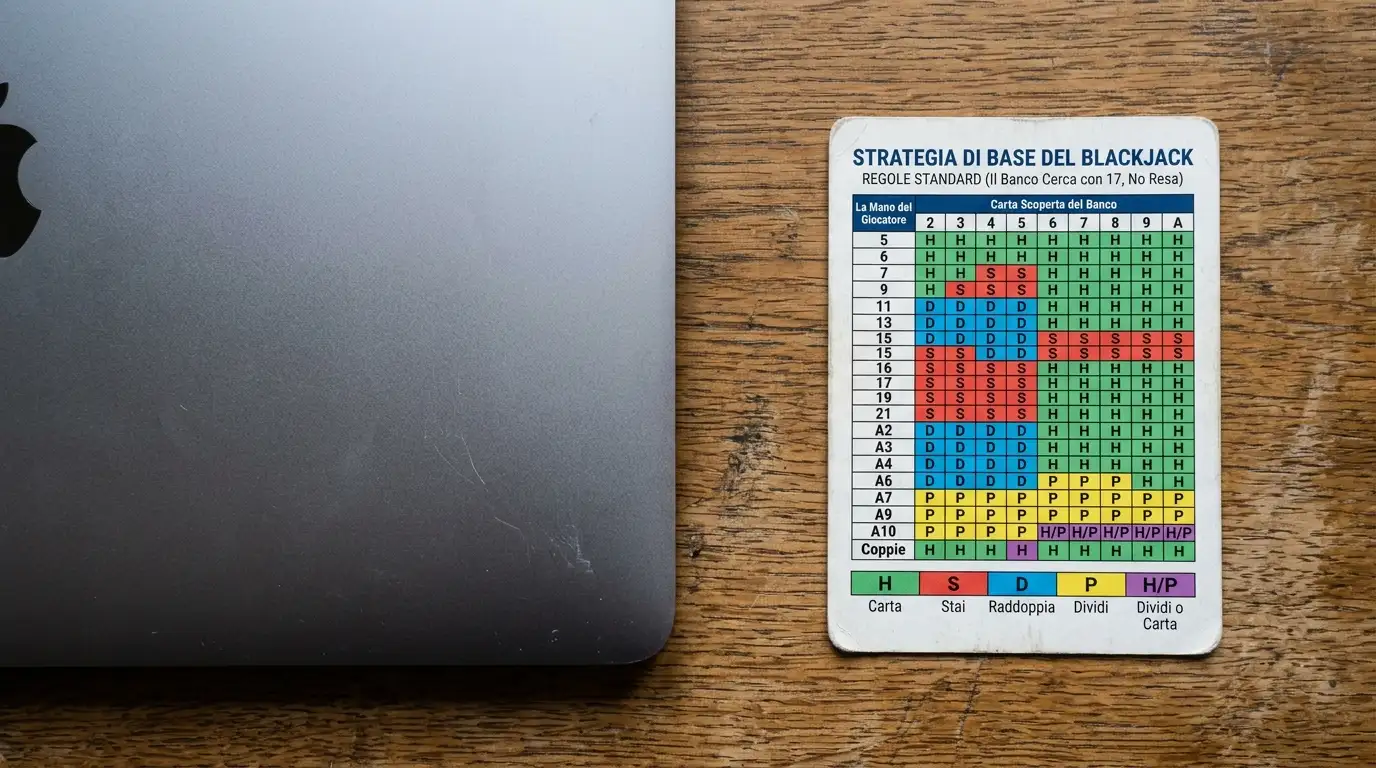 Scheda stampata di strategia base del blackjack appoggiata accanto a un laptop in una sessione di gioco