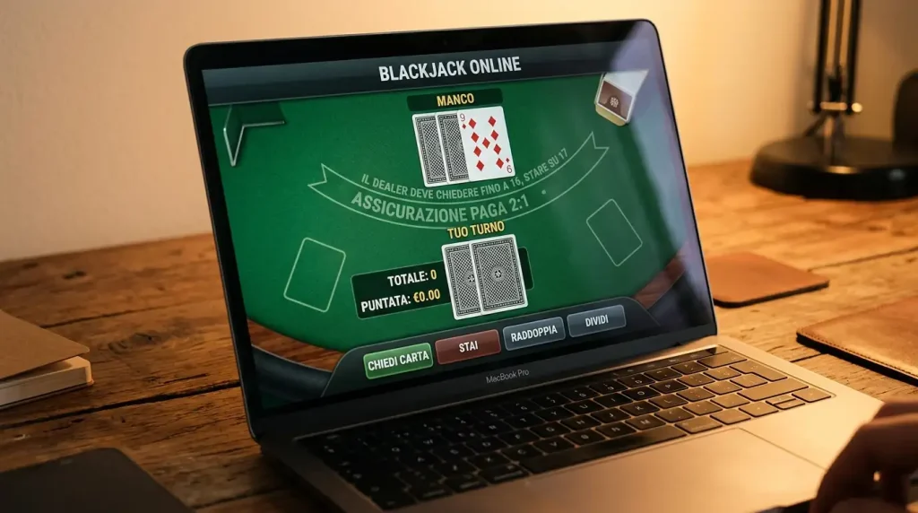 Schermo di laptop su un tavolo virtuale di blackjack con due carte coperte e una scoperta in primo piano
