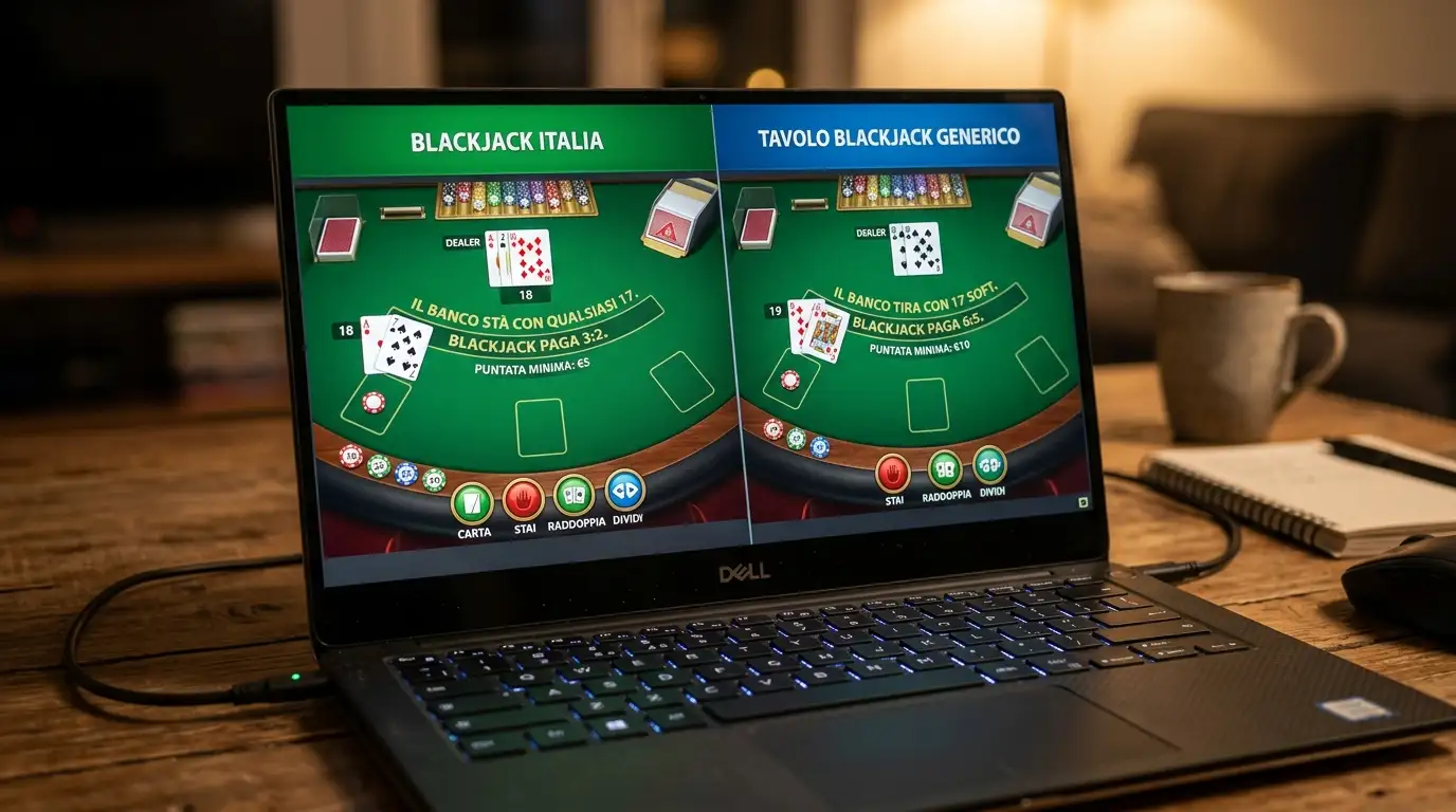Schermo di laptop con due interfacce di varianti di blackjack online disposte fianco a fianco