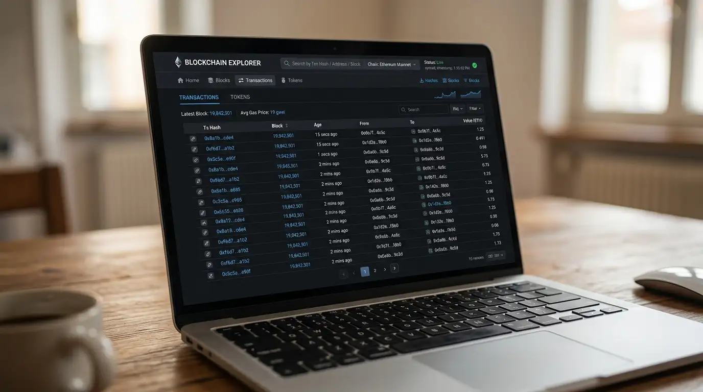 Schermo di laptop con un explorer blockchain pubblico che elenca transazioni con indirizzi generici
