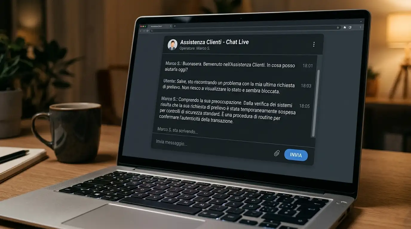 Schermo di laptop con una chat con assistenza clienti di un casinò che indica un prelievo sospeso