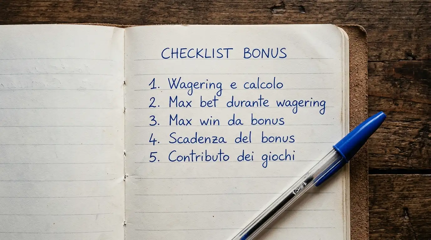 Checklist su blocco note con i cinque punti chiave per valutare un bonus casinò