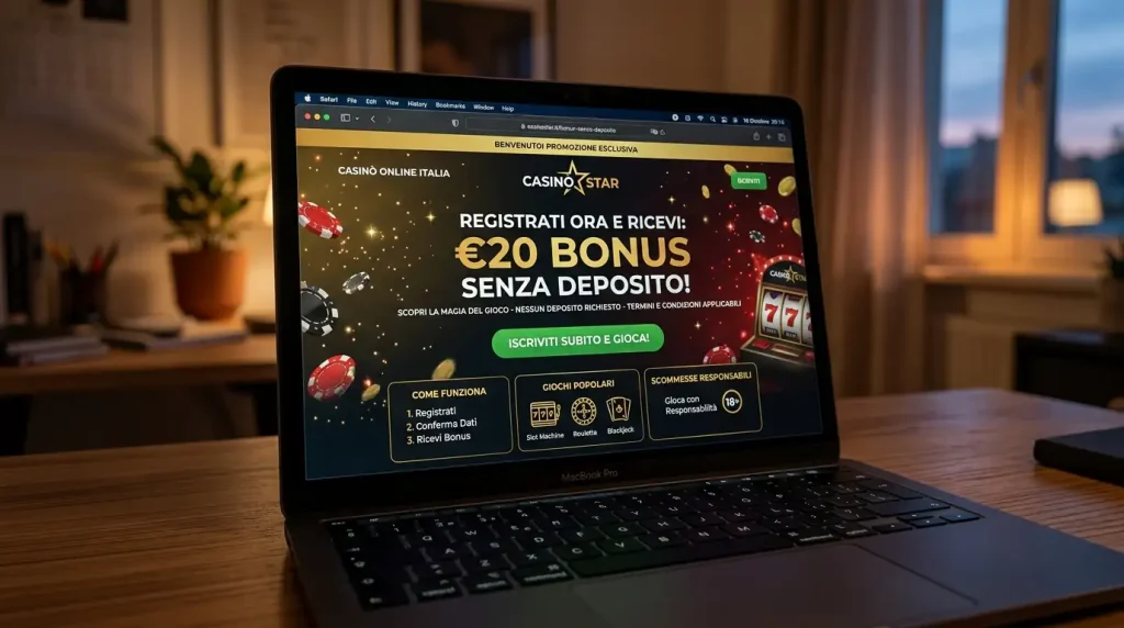 Schermo di laptop su una promozione di bonus senza deposito di un casinò online con dettagli e regolamento