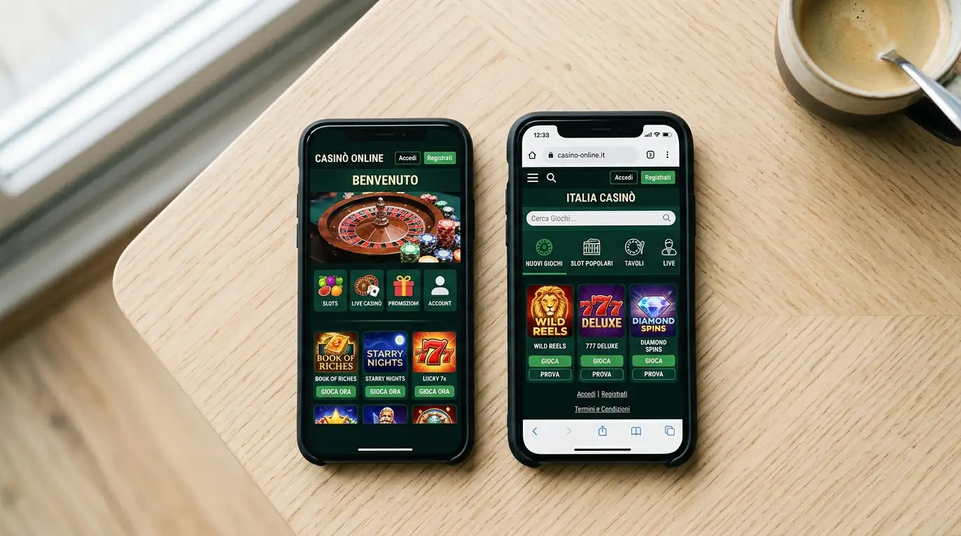 Due smartphone affiancati che mostrano la stessa cassa di casinò in modalità app dedicata e browser web