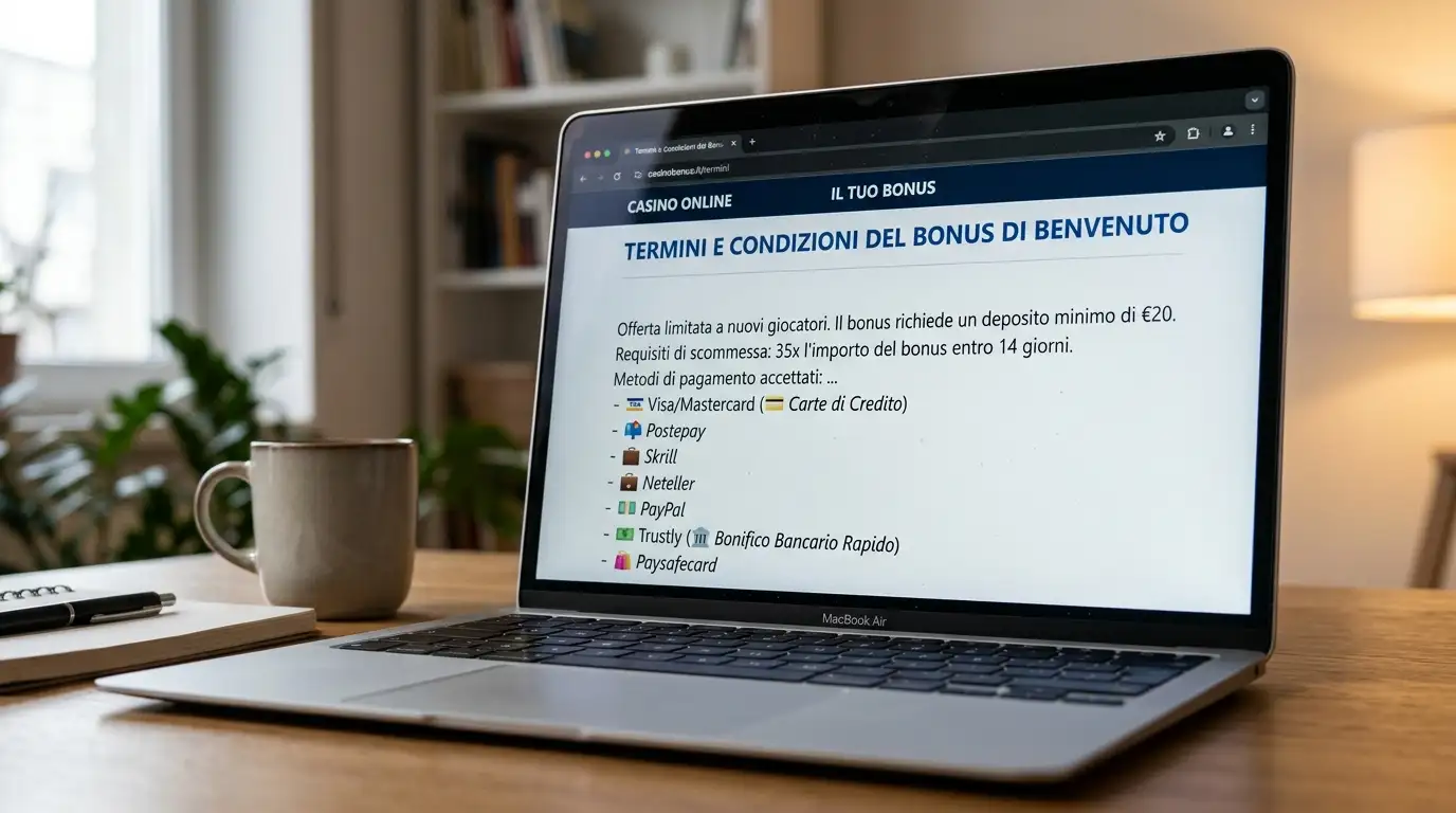 Schermo di laptop su una pagina di bonus di casinò online che elenca i metodi di pagamento idonei