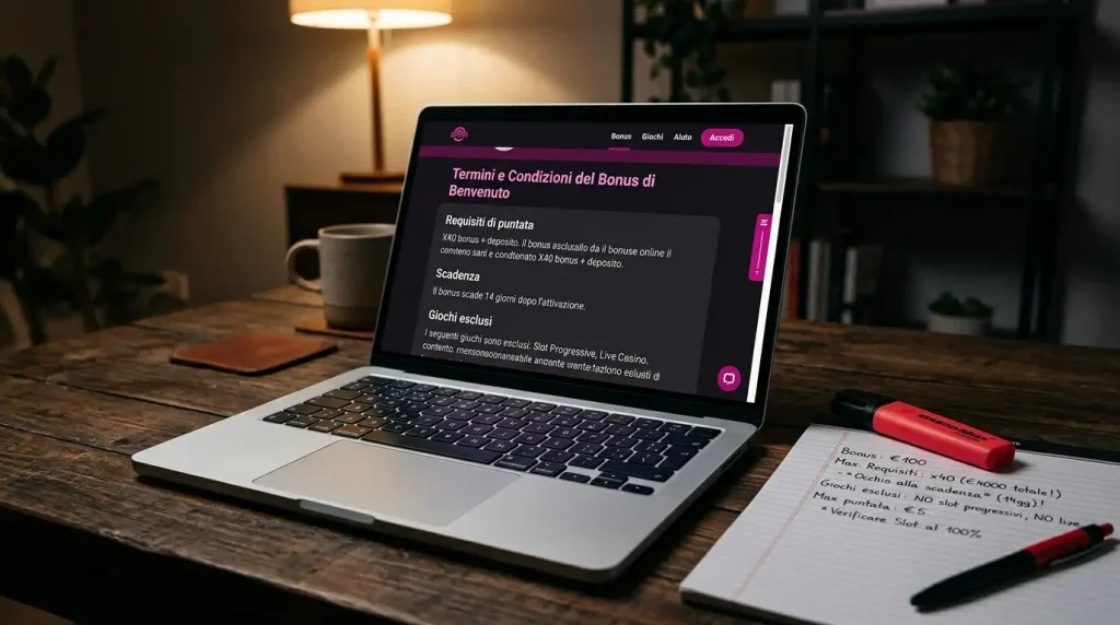 Termini e condizioni di un bonus casinò online aperti su schermo con clausole di wagering evidenziate