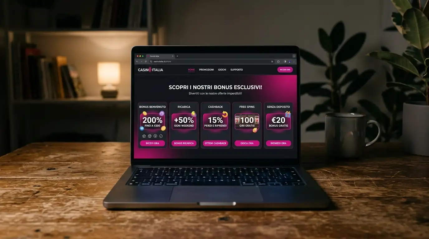 Schermata promozionale di un casinò online con diverse tipologie di bonus elencate