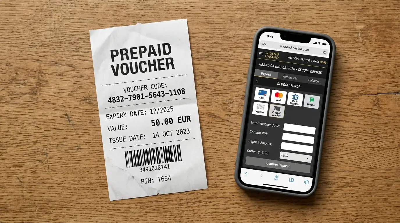Voucher prepagato accanto a uno smartphone che mostra una cassa di casinò online internazionale
