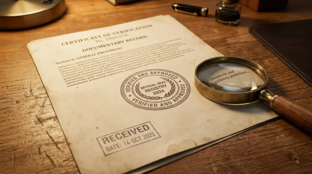 Documento di licenza stampato con sigillo neutrale e timbro su scrivania, lente d