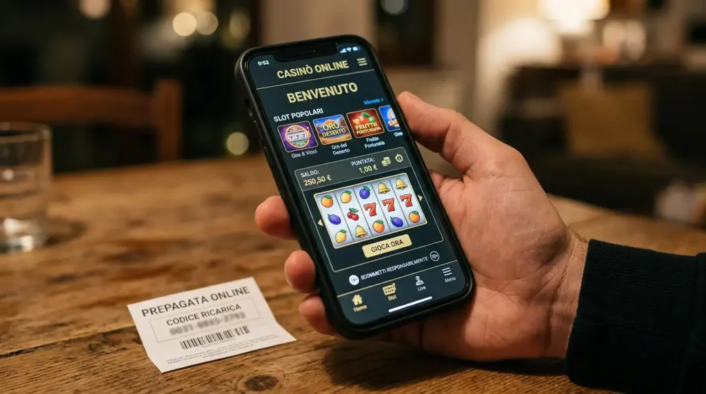 Smartphone in mano con interfaccia di casinò online in formato verticale e voucher prepagato sullo sfondo