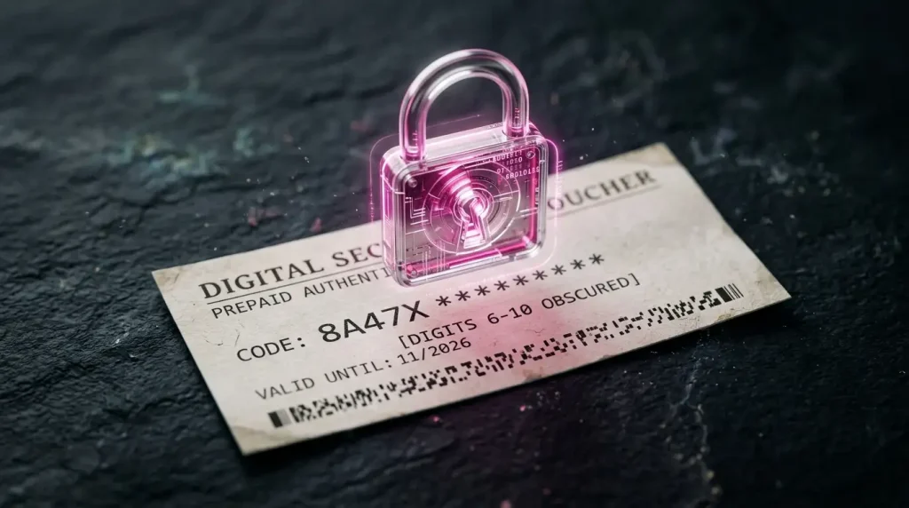 Lucchetto digitale sovrapposto a un voucher prepagato a simboleggiare la sicurezza nei pagamenti casinò