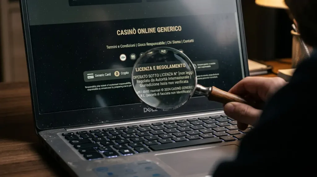 Schermo di laptop sul footer di un casinò online sospetto con lente d
