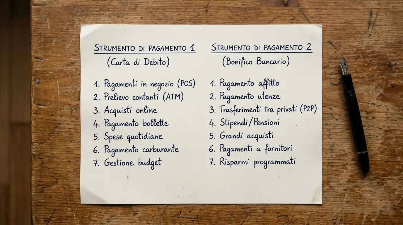Foglio bianco con due liste affiancate scritte a penna che riepilogano i casi d'uso di due strumenti