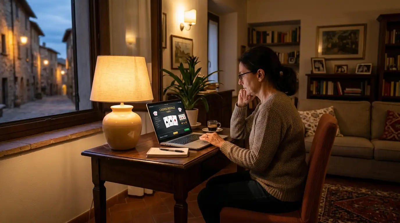 Persona seduta davanti al laptop in salotto la sera durante una sessione di gioco online concentrata