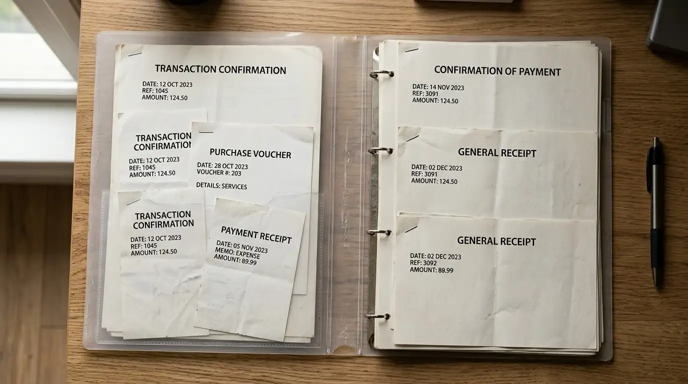 Cartellina aperta con stampe di transazioni e ricevute organizzate cronologicamente in tasche trasparenti