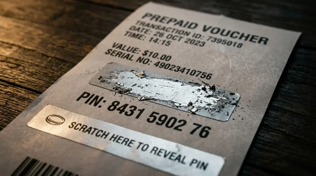 Scontrino di voucher prepagato con codice PIN a dieci cifre nascosto sotto una pellicola argentata da grattare