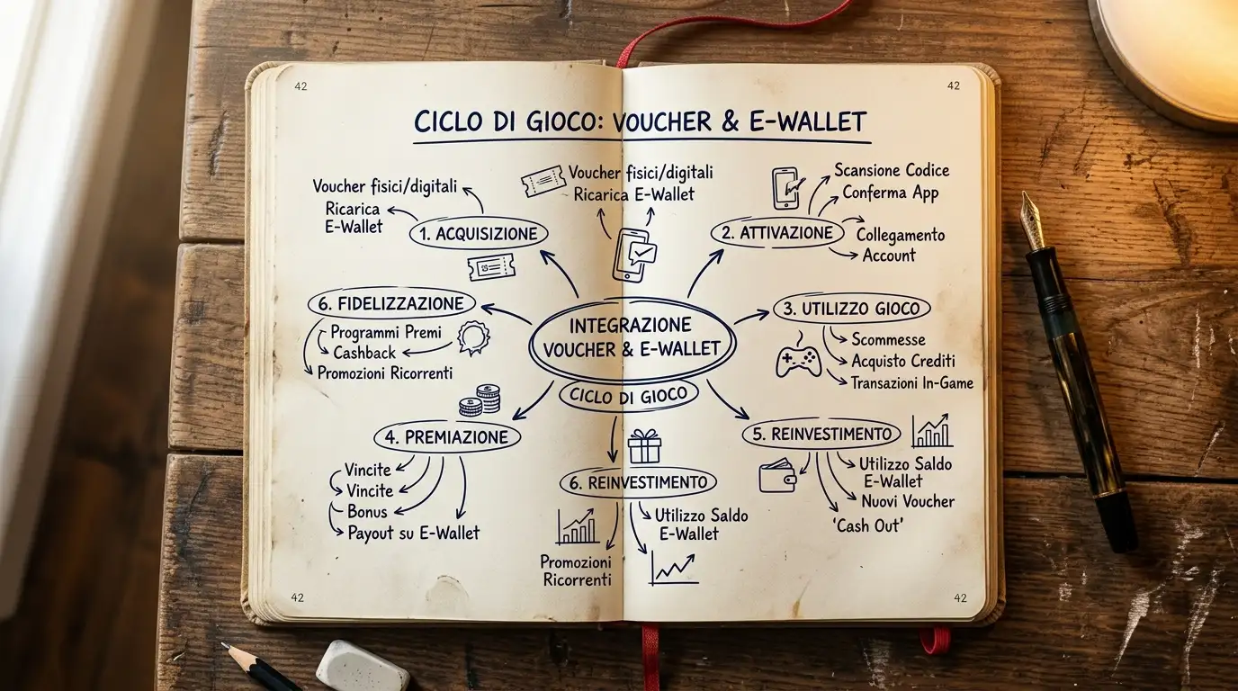 Quaderno con una breve mappa concettuale a penna su come combinare voucher ed e-wallet nel ciclo di gioco