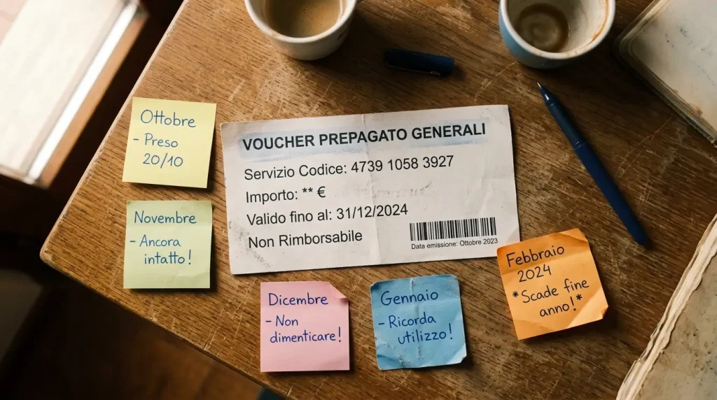 Voucher prepagato dimenticato su uno scrittoio con piccoli appunti che indicano il passaggio dei mesi accumulati