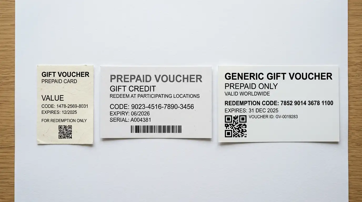 Tre piccoli scontrini di voucher prepagati di brand diversi su un foglio bianco per confronto delle commissioni