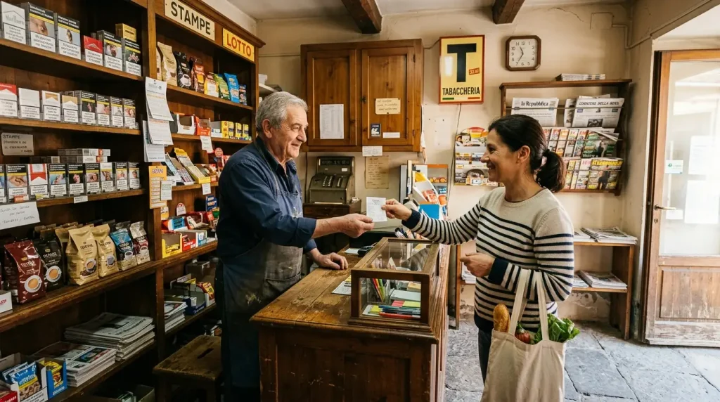 Interno di una tabaccheria italiana di quartiere con bancone e rivenditore intento a stampare un voucher prepagato