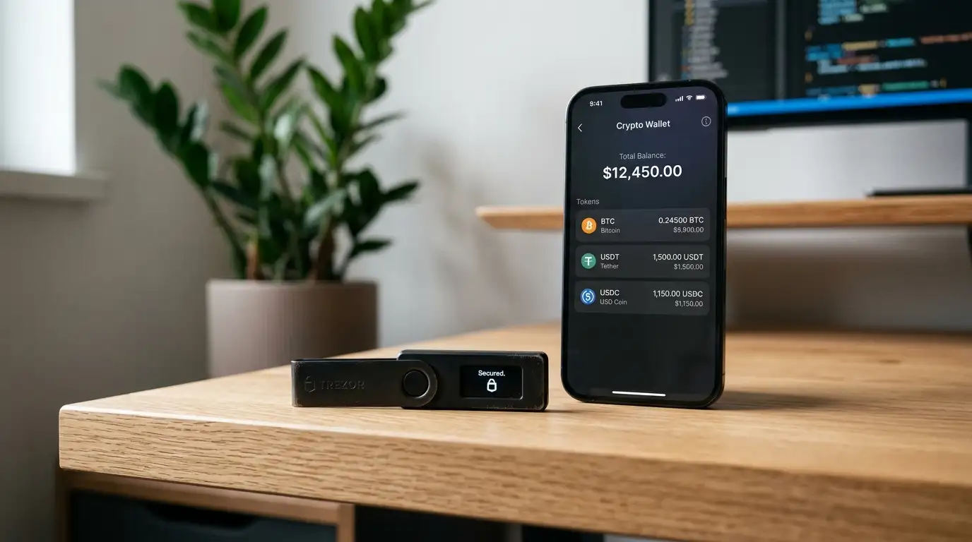 Wallet hardware per criptovalute con simboli Bitcoin e stablecoin sullo sfondo