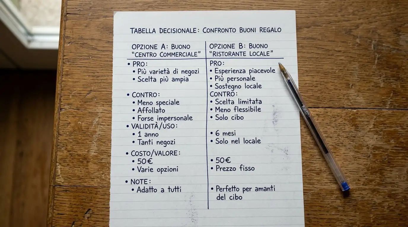 Foglio stampato con una semplice tabella a due colonne disegnata a mano per la scelta del voucher