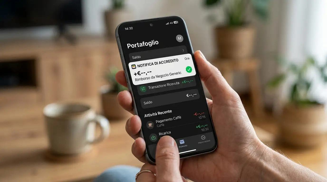 Smartphone in mano che mostra una notifica di accredito istantaneo proveniente da un e-wallet digitale