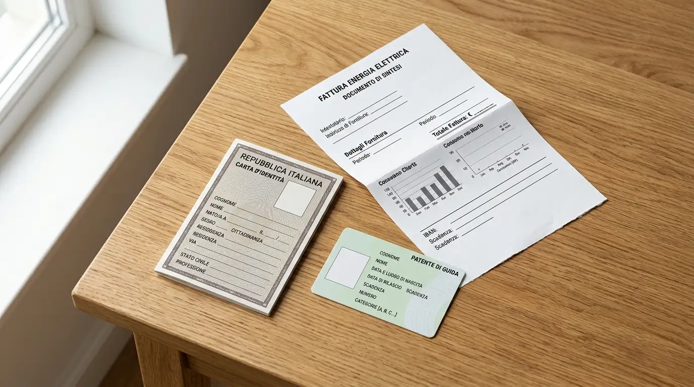 Documenti italiani blank disposti su un tavolo: carta d'identità, patente e bolletta come prova di residenza