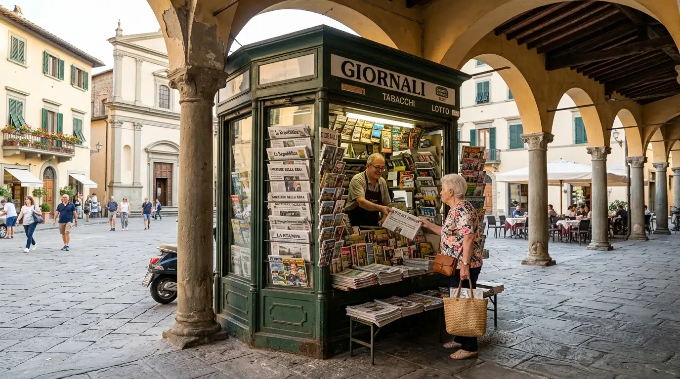 Edicola italiana all'angolo di una piazza con il giornalaio che serve un cliente sotto il porticato