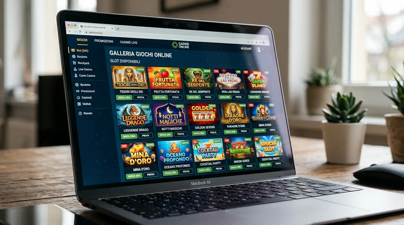 Schermo di laptop su una lista di slot online idonee a una promozione, con icone delle slot disposte a griglia