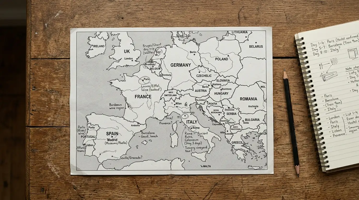 Mappa stampata dell'Europa con bandiere dei paesi che emettono voucher prepagati indicati a matita