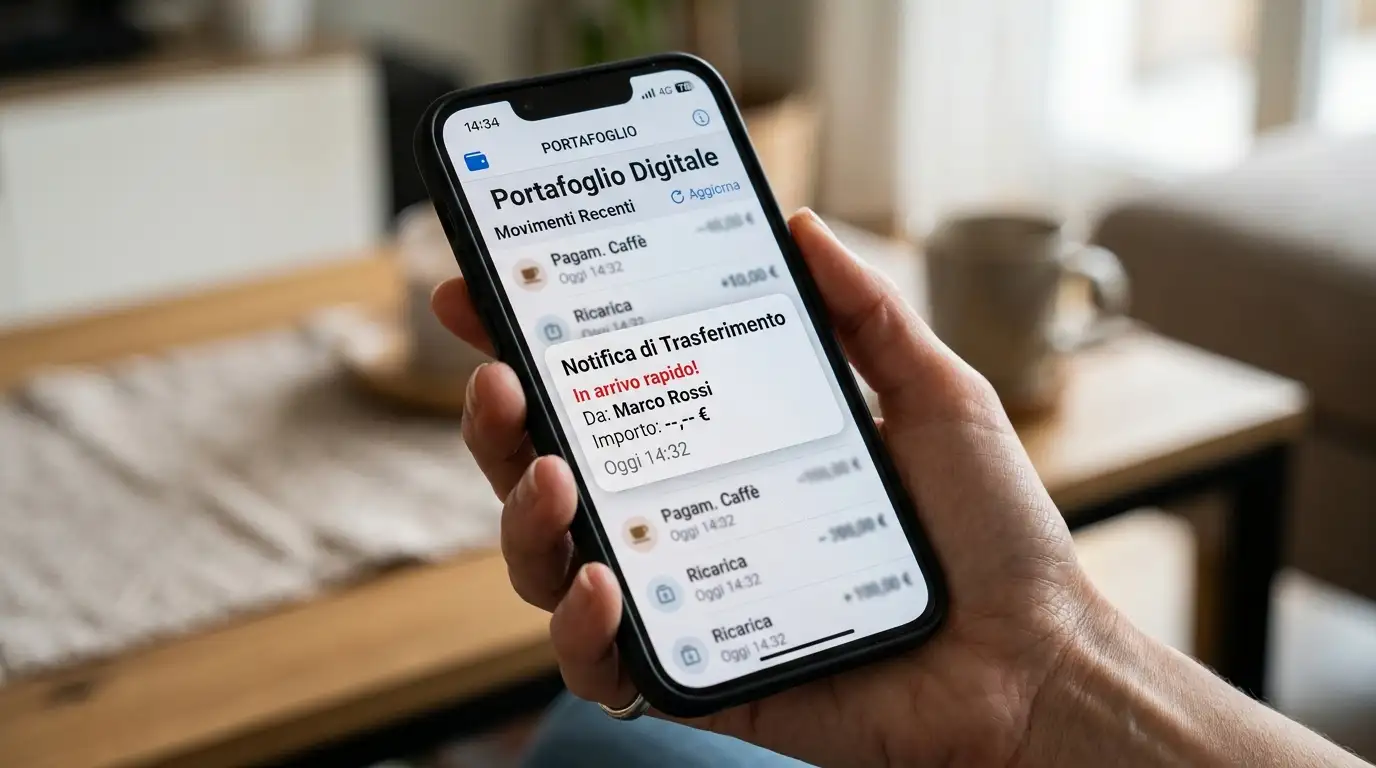 Smartphone in mano che mostra una notifica di accredito veloce su un'app di e-wallet digitale