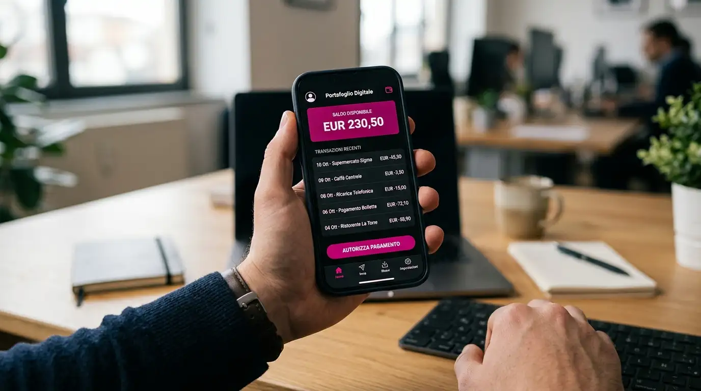 Smartphone con interfaccia di un e-wallet aperto per autorizzare un pagamento