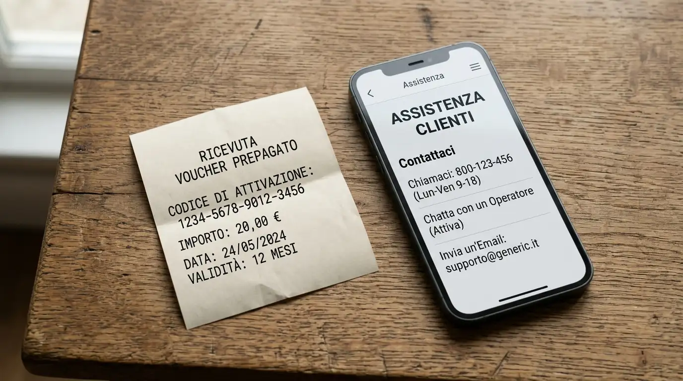 Voucher prepagato scaduto piegato accanto a uno smartphone che mostra una pagina di assistenza clienti
