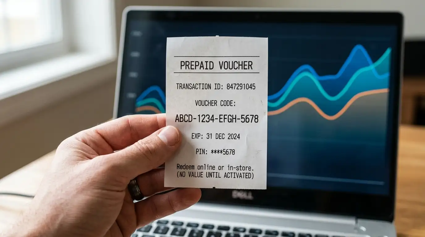 Voucher prepagato in mano davanti a uno schermo che mostra l'oscillazione di un valore generico nel tempo