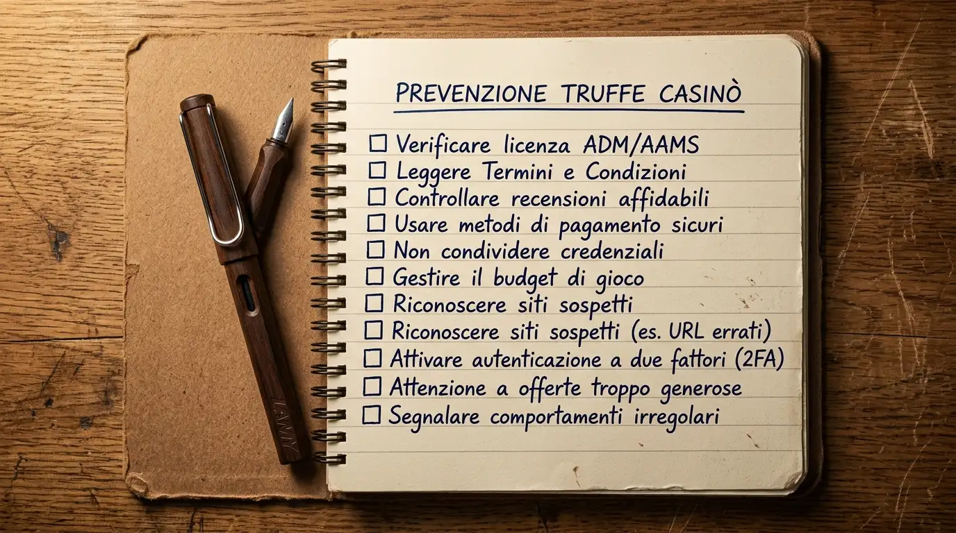 Quaderno aperto con una checklist scritta a mano per prevenire le truffe sui casinò online esteri