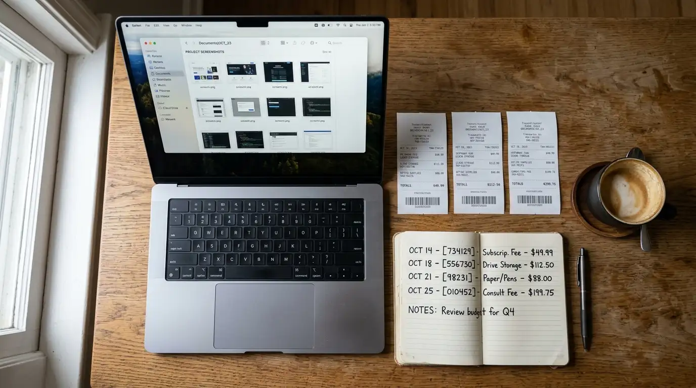 Persona che archivia screenshot e ricevute di pagamento per documentare un reclamo