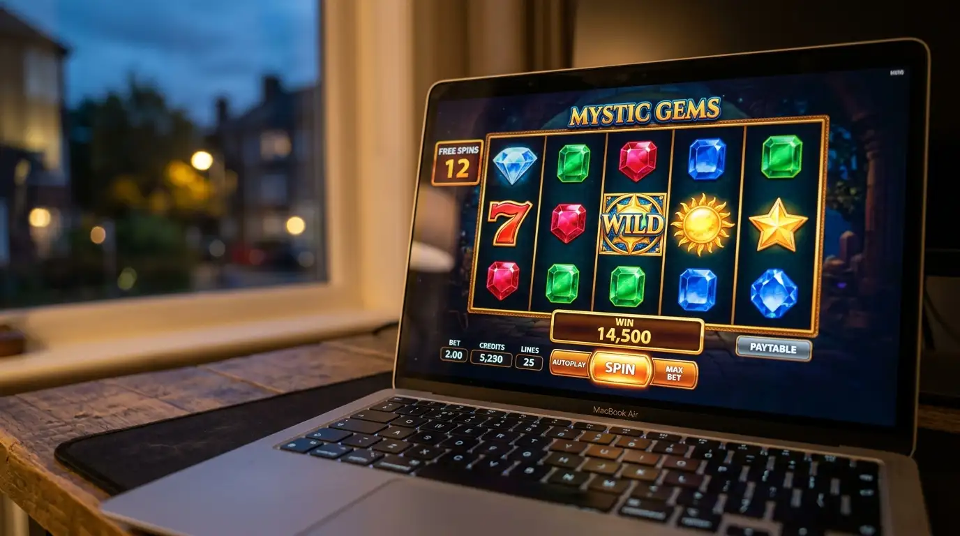 Schermo di laptop con interfaccia slot machine online che mostra un contatore di giri gratis attivo durante una sessione
