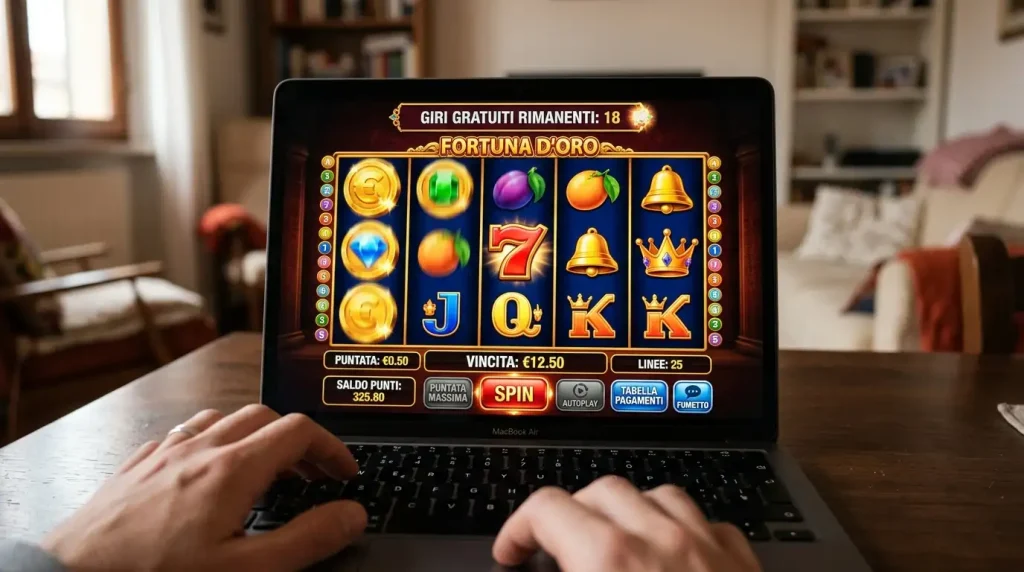 Schermo di laptop che mostra una slot online con un contatore di free spin attivo durante una sessione