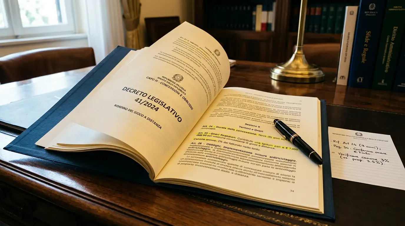 Documento normativo sulla riforma del gioco a distanza italiano aperto sulla scrivania